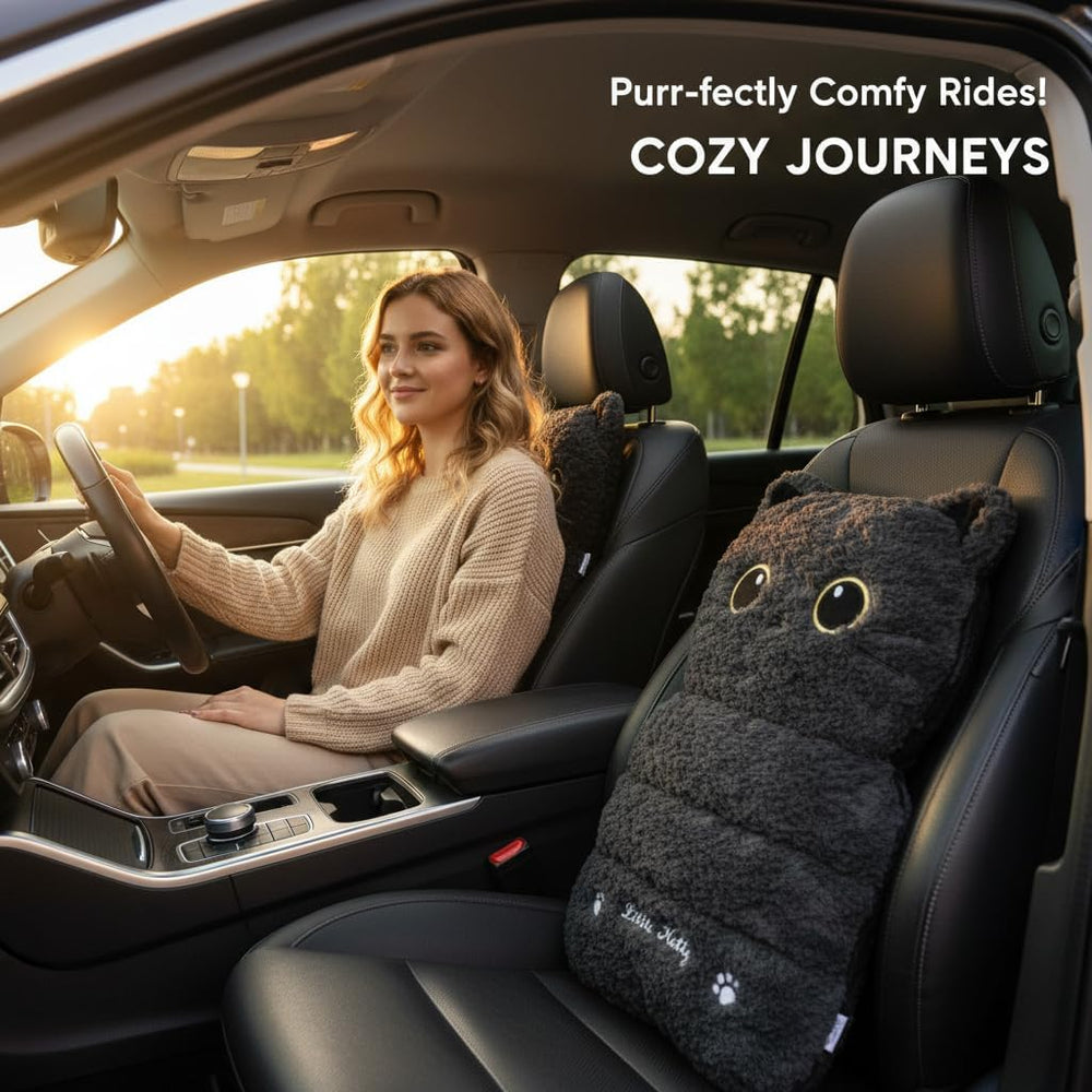 Plush Black Cat Car Seat Cushion and Backrest Combo - Comfy Universal Auto In...