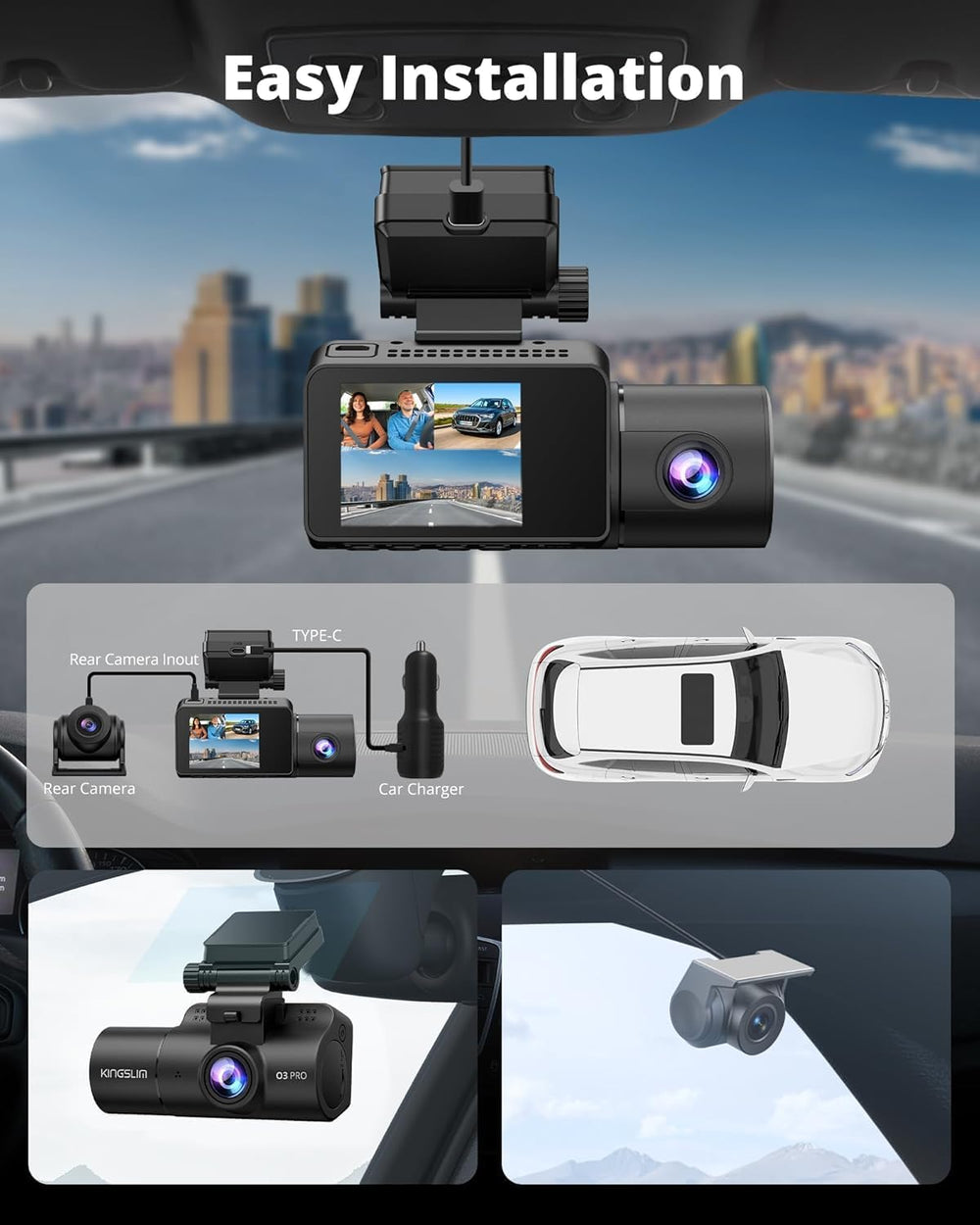 Kingslim 3 Channel 5G WiFi Dash Cam with 64GB Card, 2.5K/1080P Front and Rear...