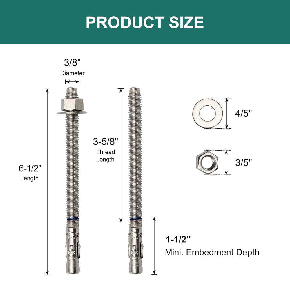 3/8" x 6-1/2" Concrete Anchor (25 Pack) 3/8 inch Wedge Anchors Bolt...