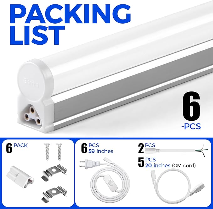 Barrina (6 Pack LED T5 Integrated Single Fixture, 6500K Super Bright White