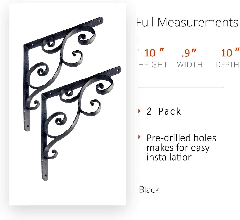 NACH Decorative Shelf Brackets, 2 Pack of 10 x 0.9 x 10 inch, Black Cast Iron...