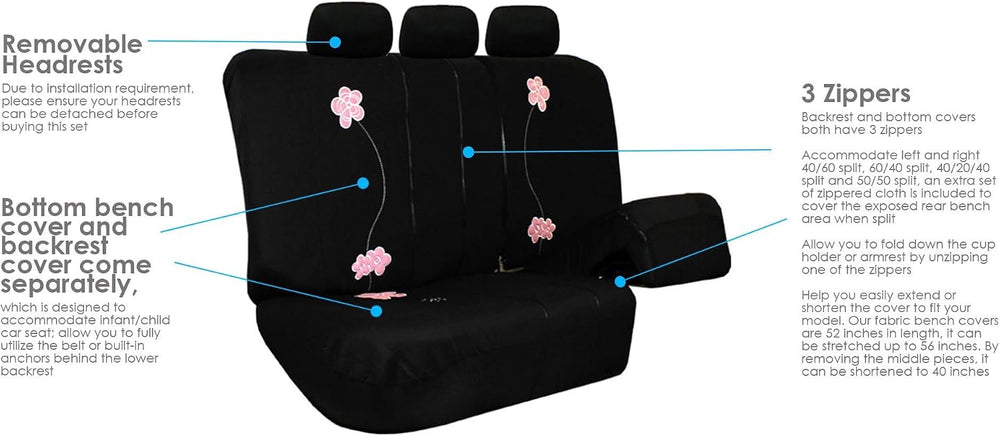 FH Group Car Seat Covers Floral Full Set Black Automotive Airbag and Split Re...