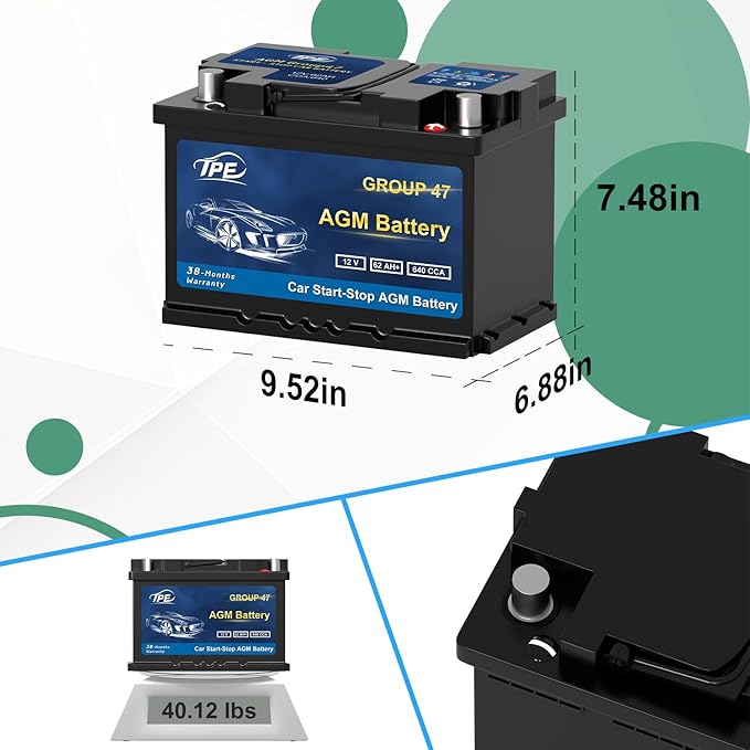 TPE AGM Battery BCI Group 47, Maintenance Free 12V 62Ah, H5 Size, Automotive