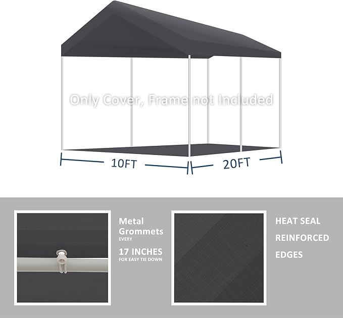 10' x 20' Upgraded Carport Replacement Canopy Cover Grey