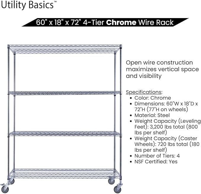 60"x18"x72" Chrome Premium Metal Steel Wire Shelving 4-Tier NS...
