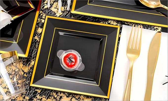 Festiva 350Pcs Black and Gold Plastic Plates-50Guests Disposable Square Black...