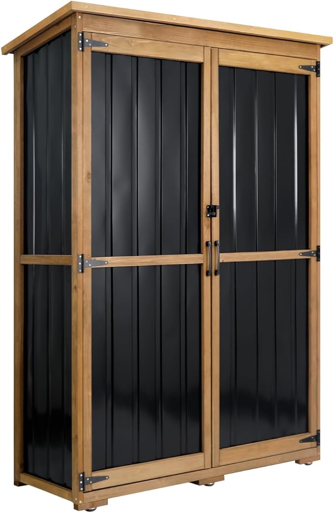 Outdoor Storage Cabinet Wood & Metal, Storage Shed Waterproof Double Lock