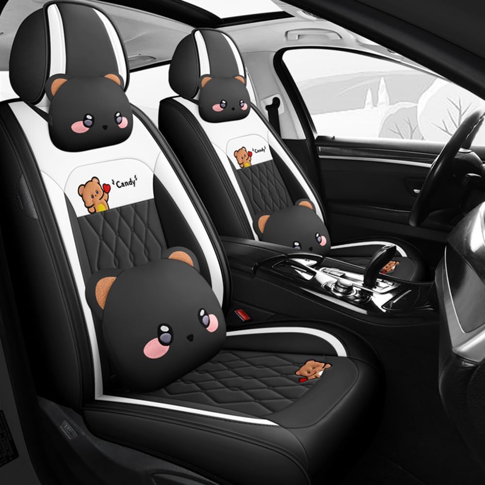 Cute Black Bear Car Seat Covers Full Set for Girls Women, PU Leather Automoti...