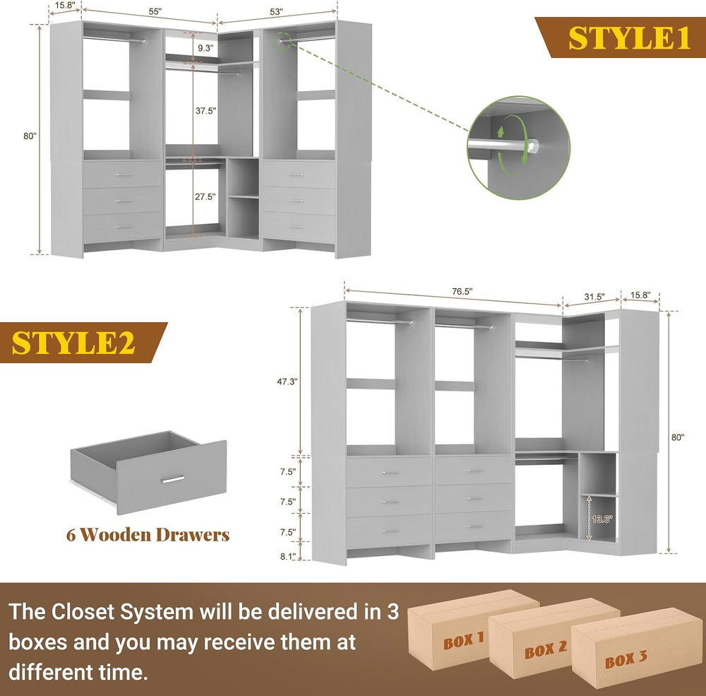 Aheaplus Closet System with 6 Drawers, 4 Hanging Rods & Corner Tower, Cor...