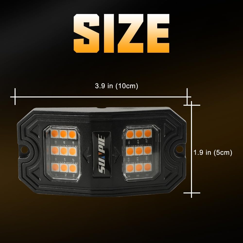 SUNPIE 8 Pods Quick Connect Amber Rock Lights, 18 Wide Angle Chips, 4M Extens...
