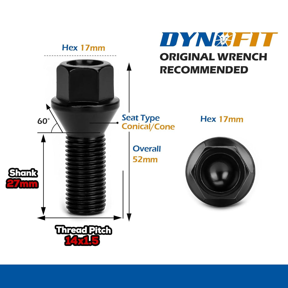 Dynofit 14x1.5 Lug Bolts Compatible with Audi A3 A4 A1 A8,27mm Shank Conical ...