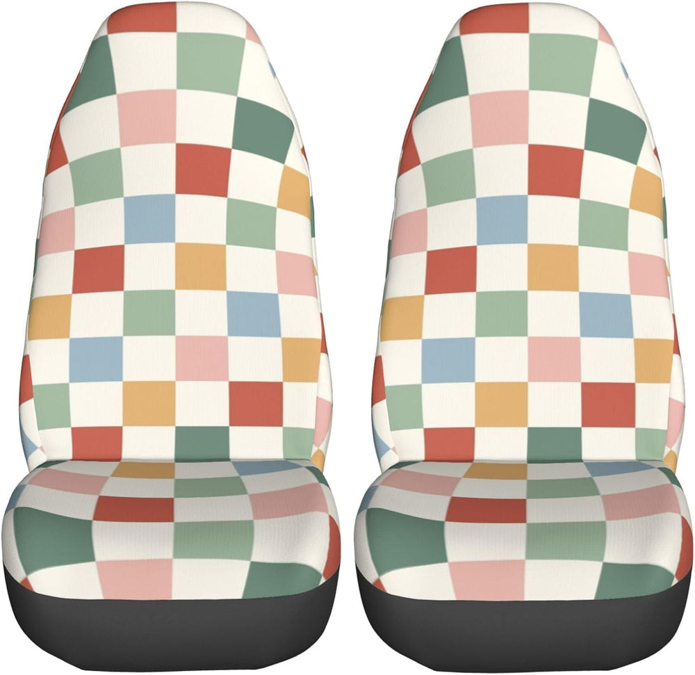 Rainbow Checkerboard Retro Car Seat Covers Universal 2 Pcs Auto Front Seat Co...