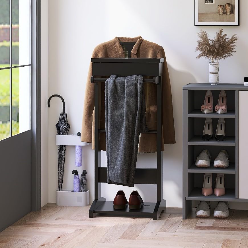 Wooden Mens Valet Stand, Clothes Rack with Flip Tray & Suit Hanger & Rod