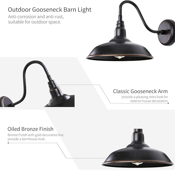Gooseneck Outdoor Light Fixture, Bronze Porch Lighting, Gooseneck Wall Sconce