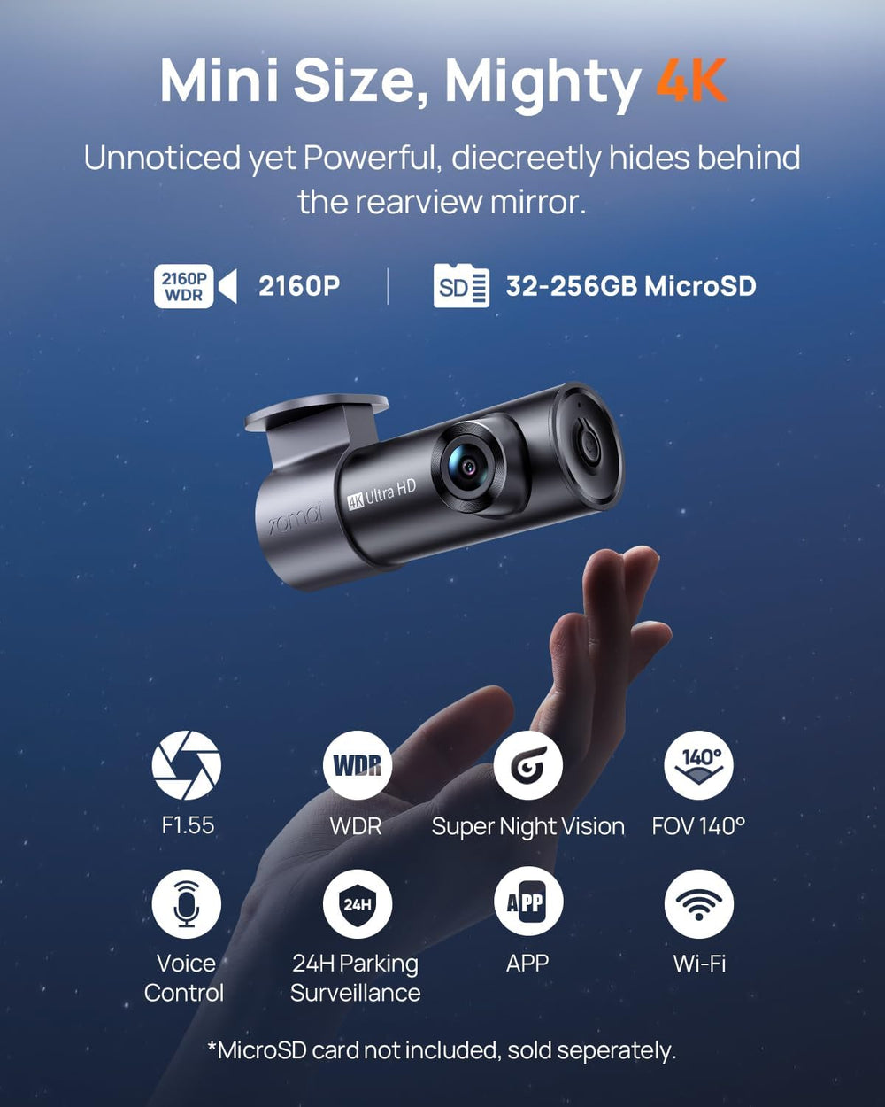 70mai M310 Plus 4K Dash Cam Front with Night Vision, 140ยฐ Wide Angle Dash Cam...