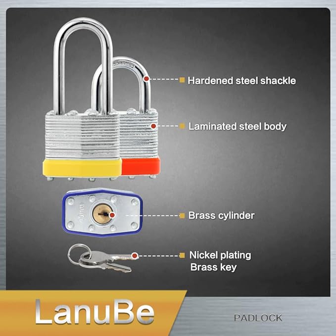 Lanube Lock 12-Pack Laminated Keyed Padlock Set 3 Colors, 2 Short 2 Long