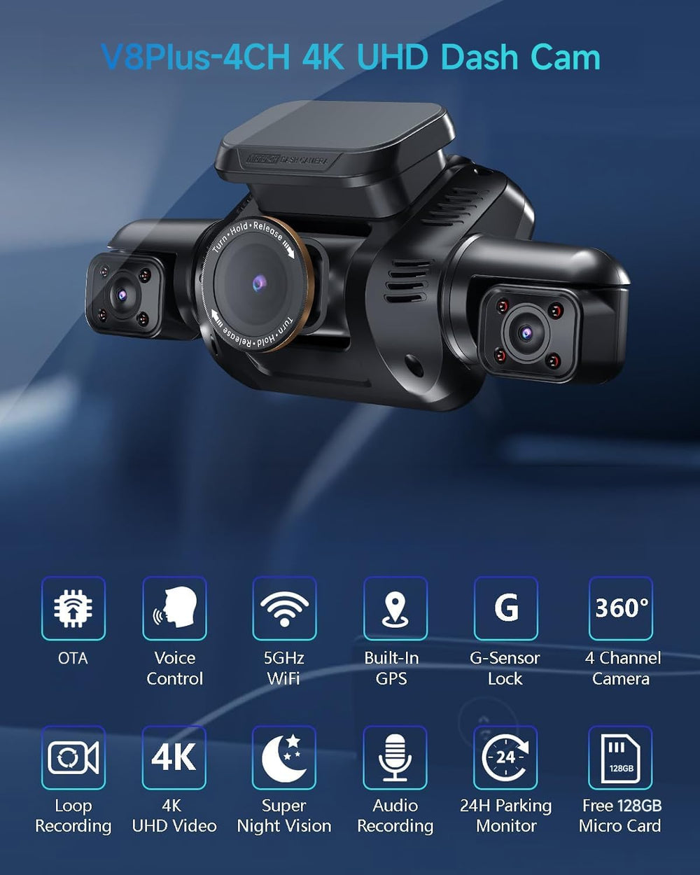 HUPEJOS 4K Dash Cam Front and Rear, 4 Channel 360ยฐ View Camera for Car