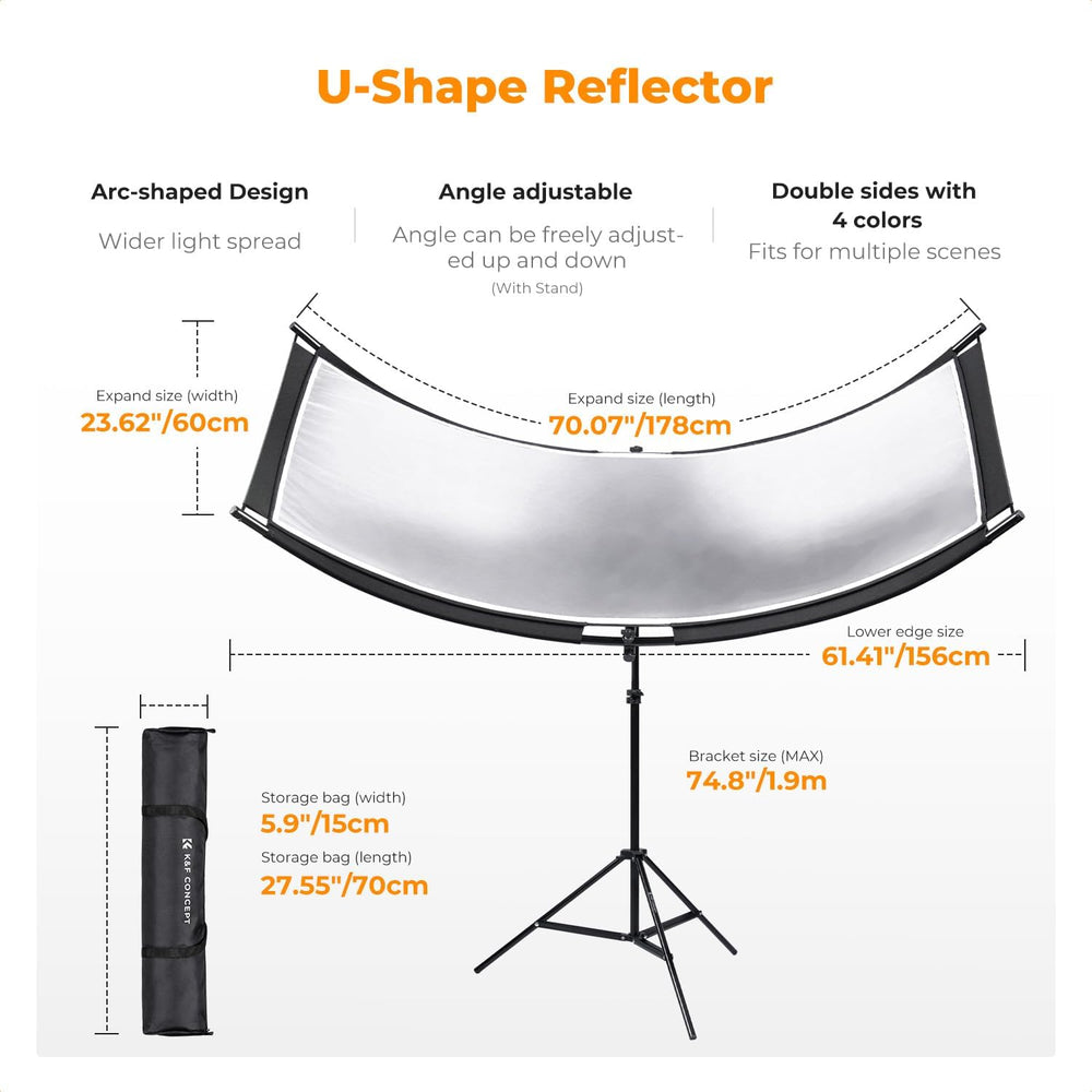 K&F CONCEPT U-Shape Reflector, 180x60cm, with 1.9m Stand, 4-in-1 Reflector