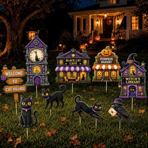 Halloween Yard Signs Outdoor Decorations - 12 Pcs Black Cat Village Set