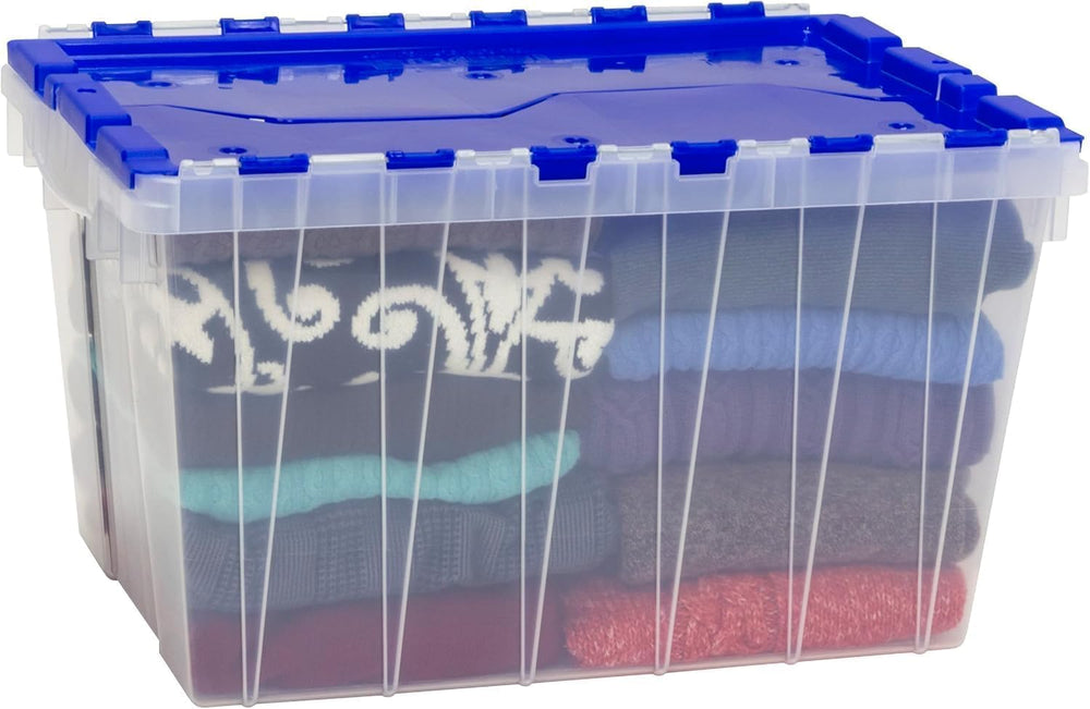 Akro-Mils KeepBox 12 Gal Storage Box, Lid Attached, Stackable, Clear/Blue