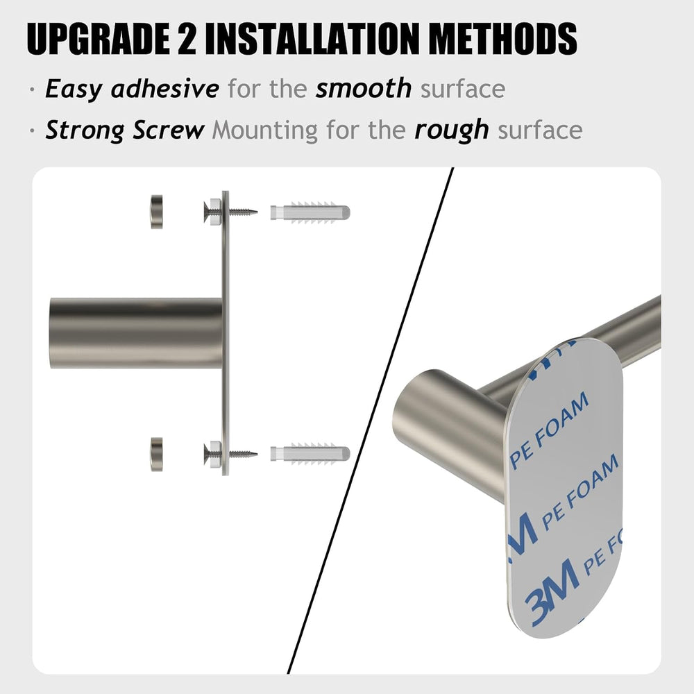 Towel Bar, Adhesive or Drill Wall Mount, Brushed Nickel, 2 Pack