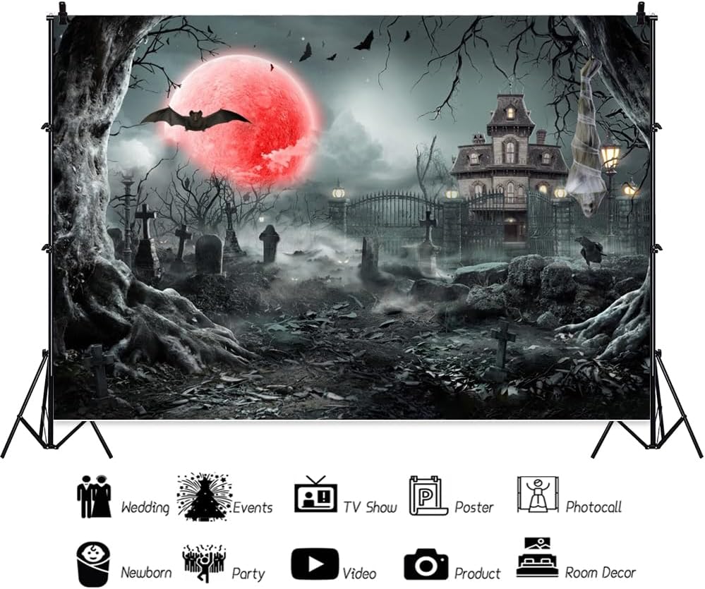 10x8ft Blood Moon Halloween Backdrop Haunted Graveyard Background