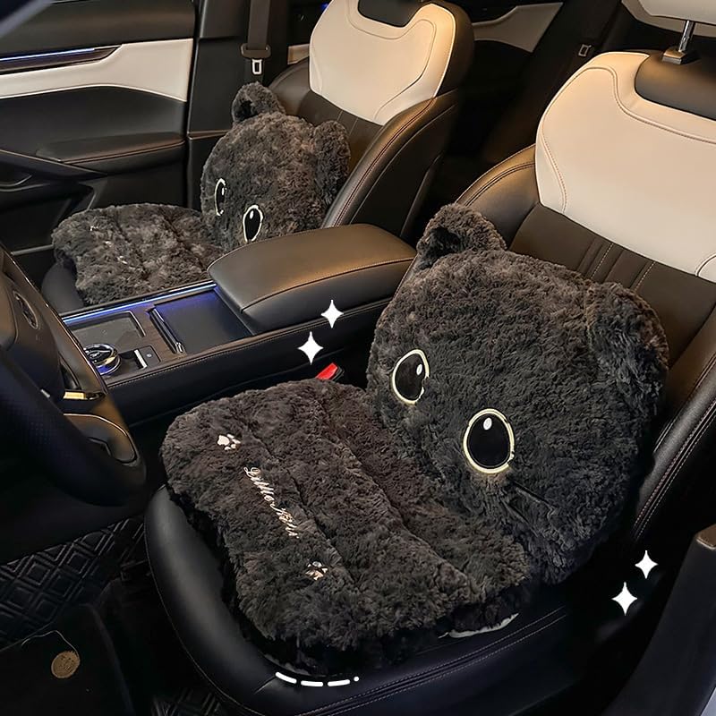 Plush Black Cat Car Seat Cushion and Backrest Combo - Comfy Universal Auto In...