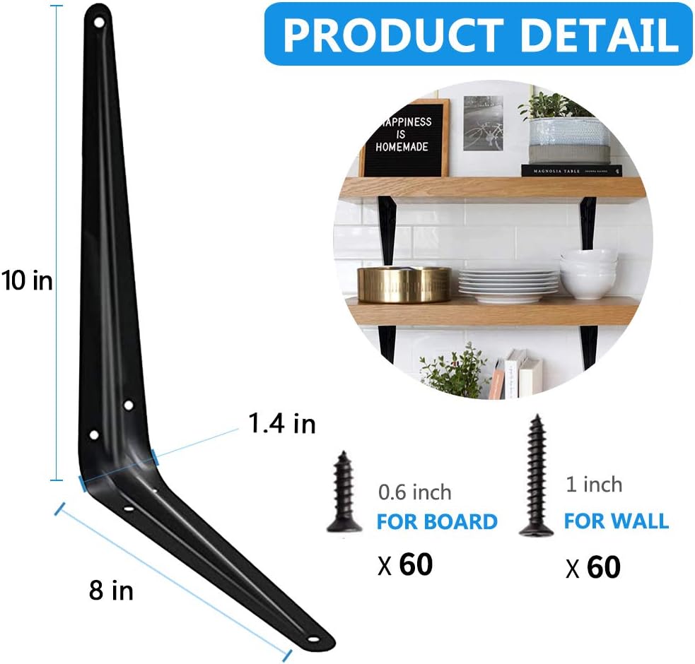 20 Pack Shelf Brackets 10 Inch, Heavy Duty Black Metal Floating Shelf Bracket...
