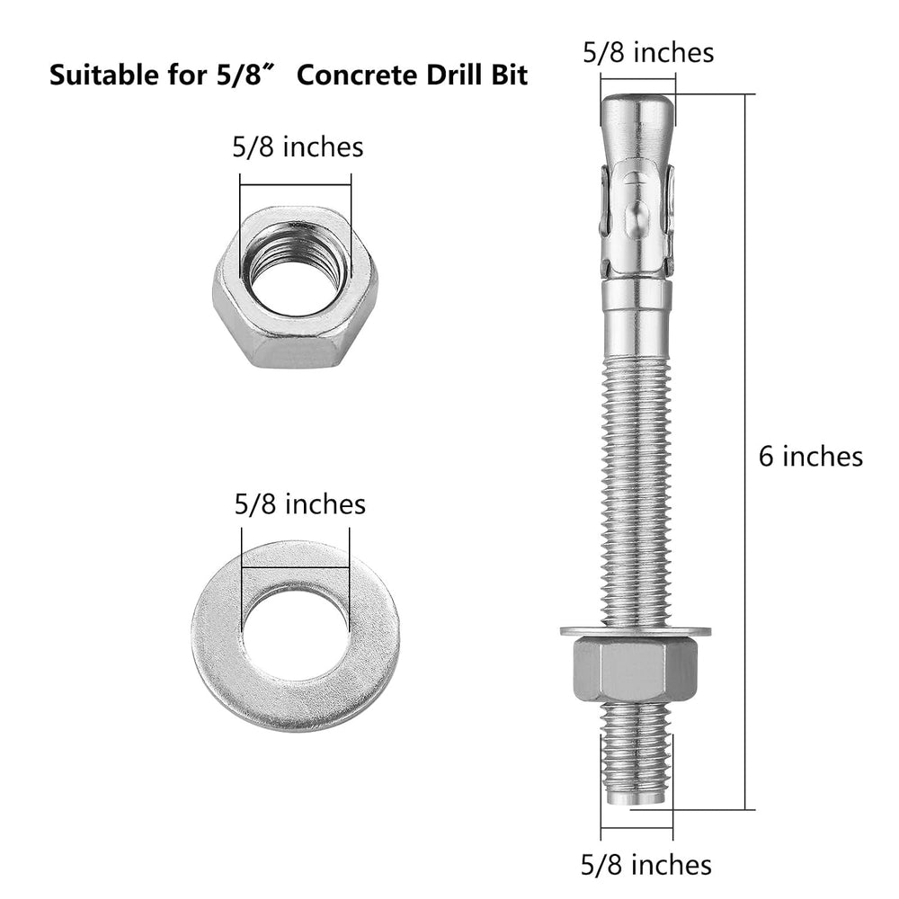 Wensilon 5Pcs 5/8x6 Inch Standard Fasteners for Heavy-Duty 304 Stainless Stee...
