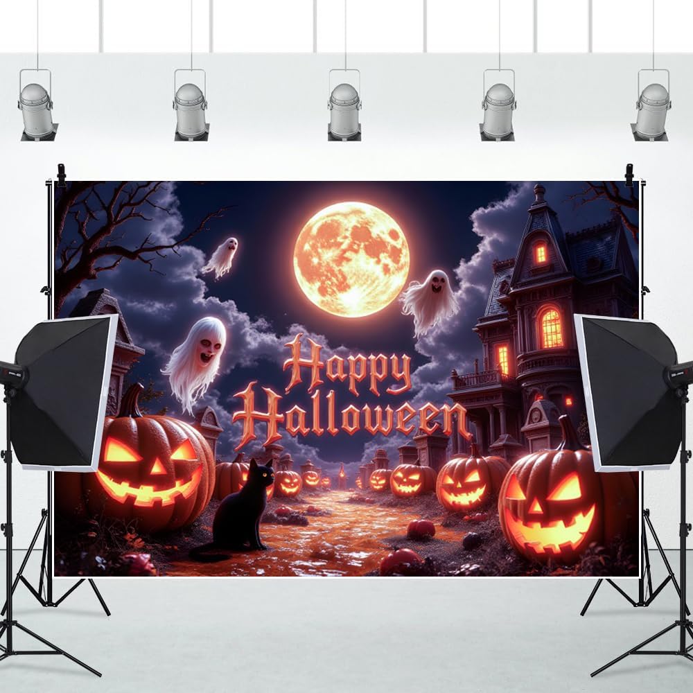 15x10ft Halloween Backdrops for Photoshoot Spooky Golden Full Moon Pumpkin Gh...