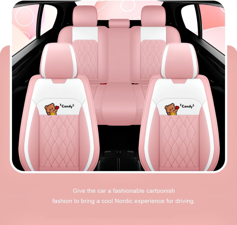 Cartoon Bear car seat Cover 5 Set for Girl Women with PU Leather for Cars SUV...