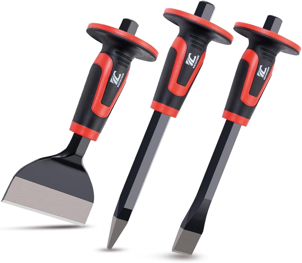ROTATION 3PC Heavy Duty Masonry Chisel Set with Hand Guard