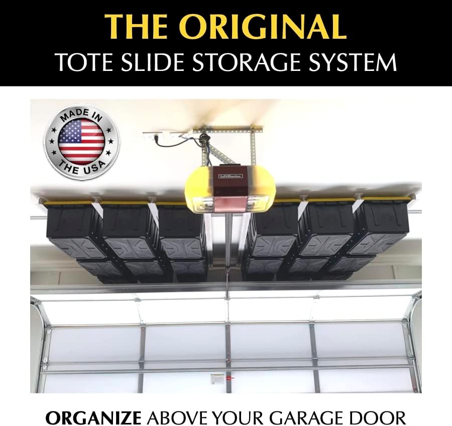 E-Z Garage Storage Tote Slide PRO – Made in USA Ceiling Tote Rack, 15 Totes