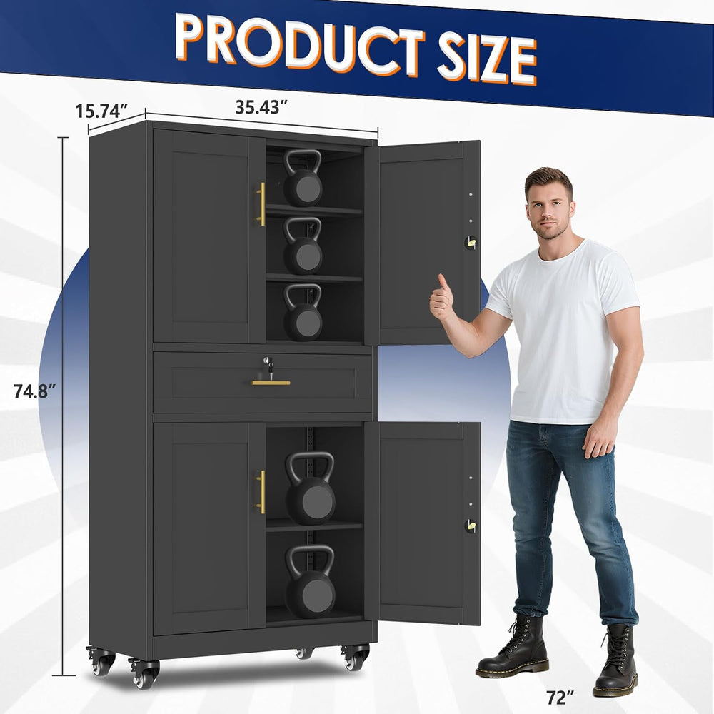 75" H Metal Garage Storage Cabinet, Rolling Tool Cabinet with 2 Doors an...