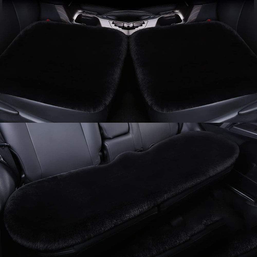 3Pcs Car Seat Covers Fluffy Wool Car Interior Front & Back Seat Cover,Black