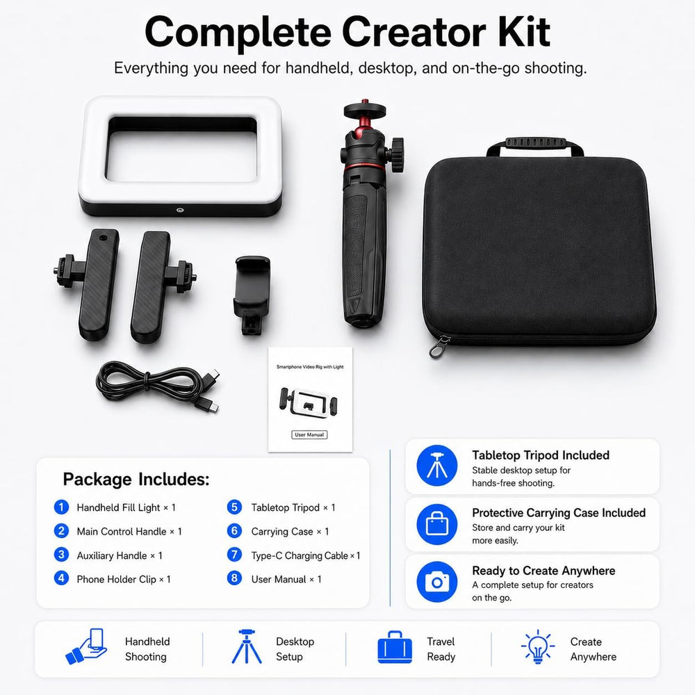 Cell Phone Light for Video Recording – Handheld Creator Kit with Tripod