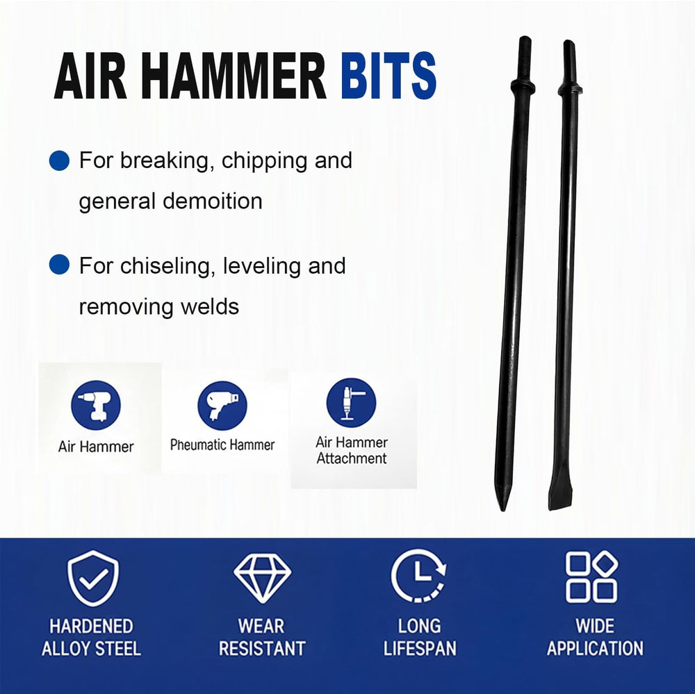 Air Hammer Chisel Bit Set, 18 Inch 3/4 Inch Wide Flat and Point Pneumatic Col...
