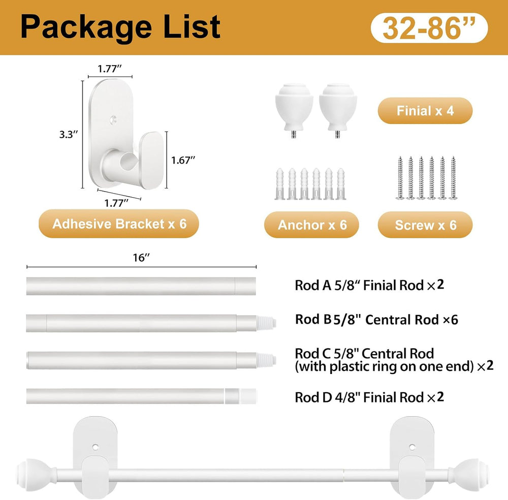 KAMANINA Curtain Rods No Drilling for Windows 32 to 86 Inches White