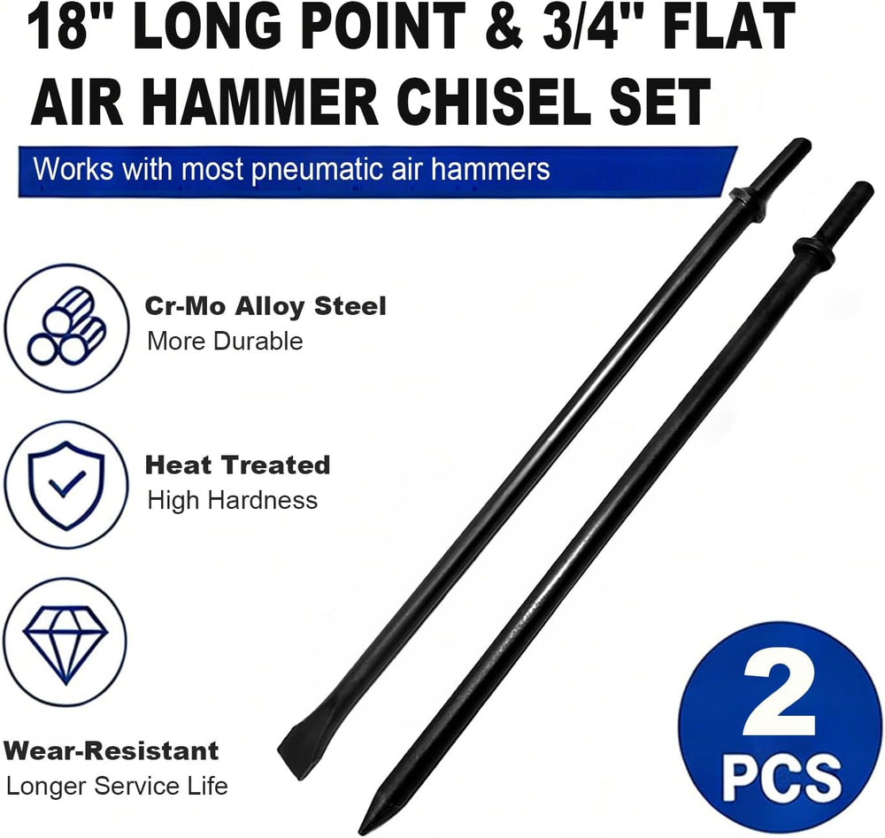 Air Hammer Chisel Bit Set, 18 Inch 3/4 Inch Wide Flat and Point Pneumatic Col...