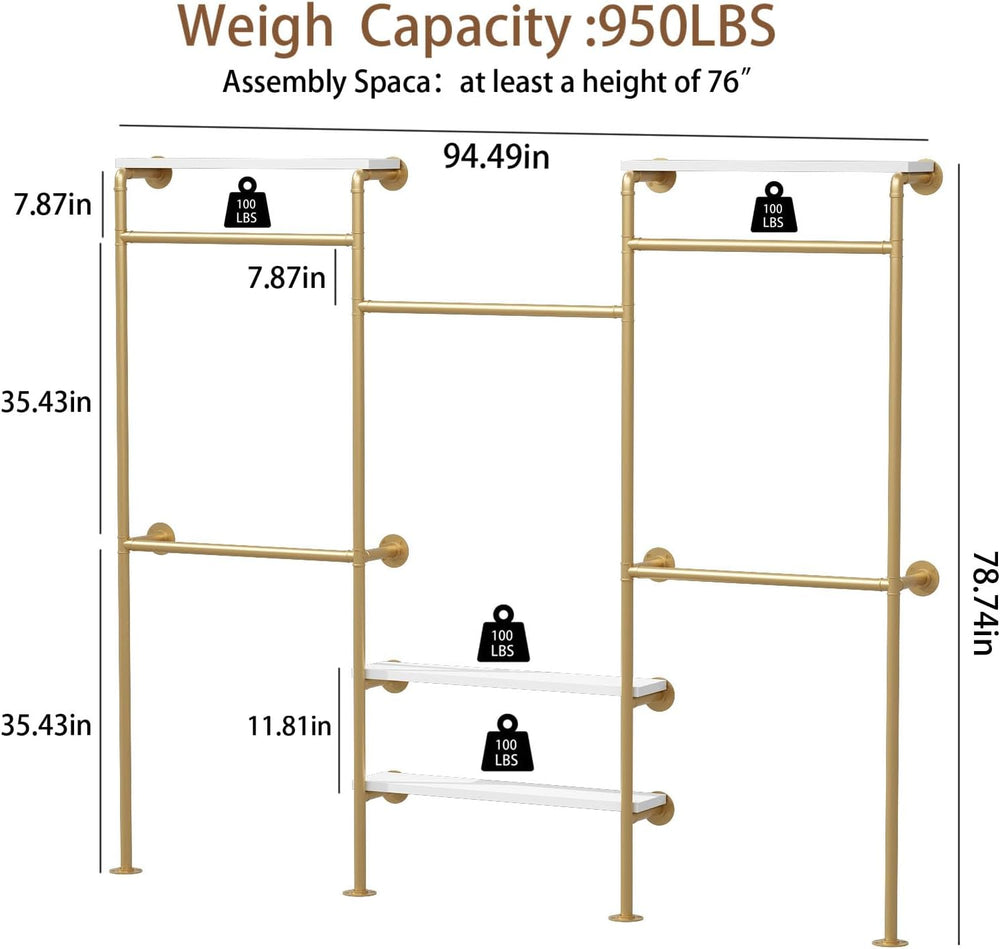 HOMEKAYT Industrial Pipe Clothes Rack with Shelves, Gold Clothing Rack Wall M...