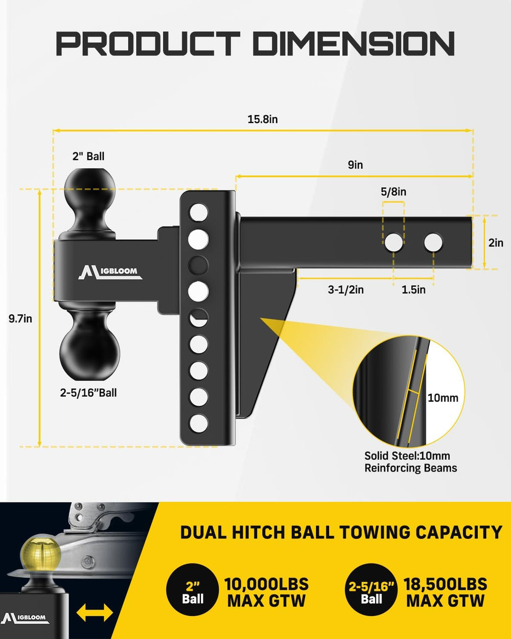 Adjustable Trailer Hitch for 2" Receiver, Heavy Duty Drop Hitch with 6&q...