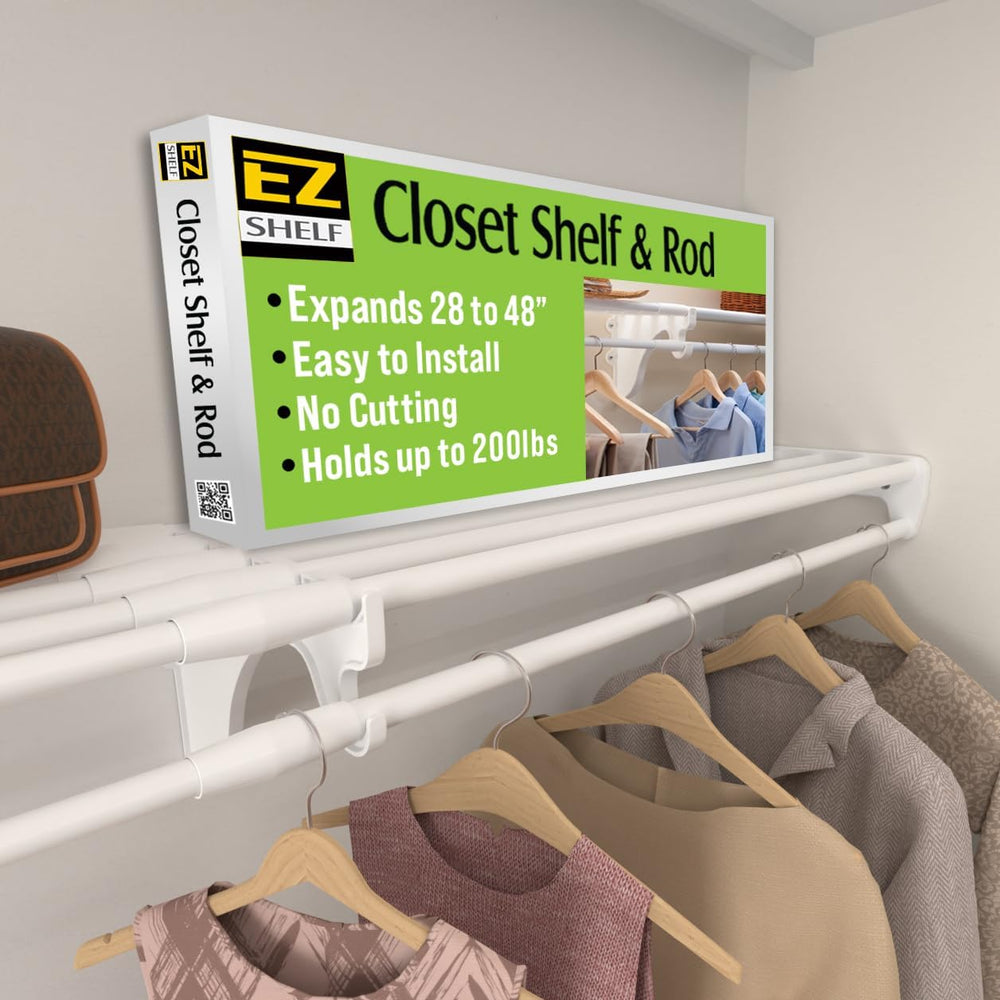 EZ SHELF Closet Shelf with Hanging Rod - 28-48โ Expandable, White, Closet She...