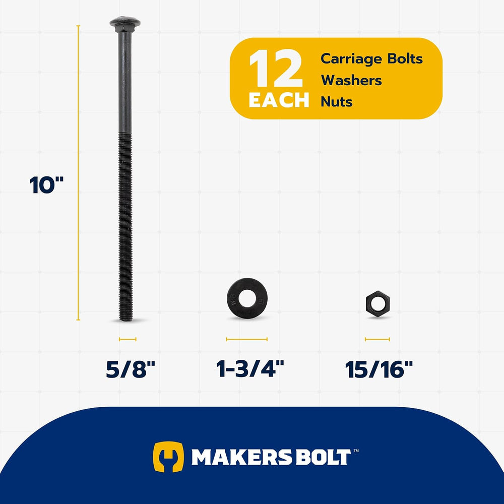 5/8 in. x 10 in. Black Carriage Bolt Kit Includes 12 Bolts, 12 Washers, and 1...