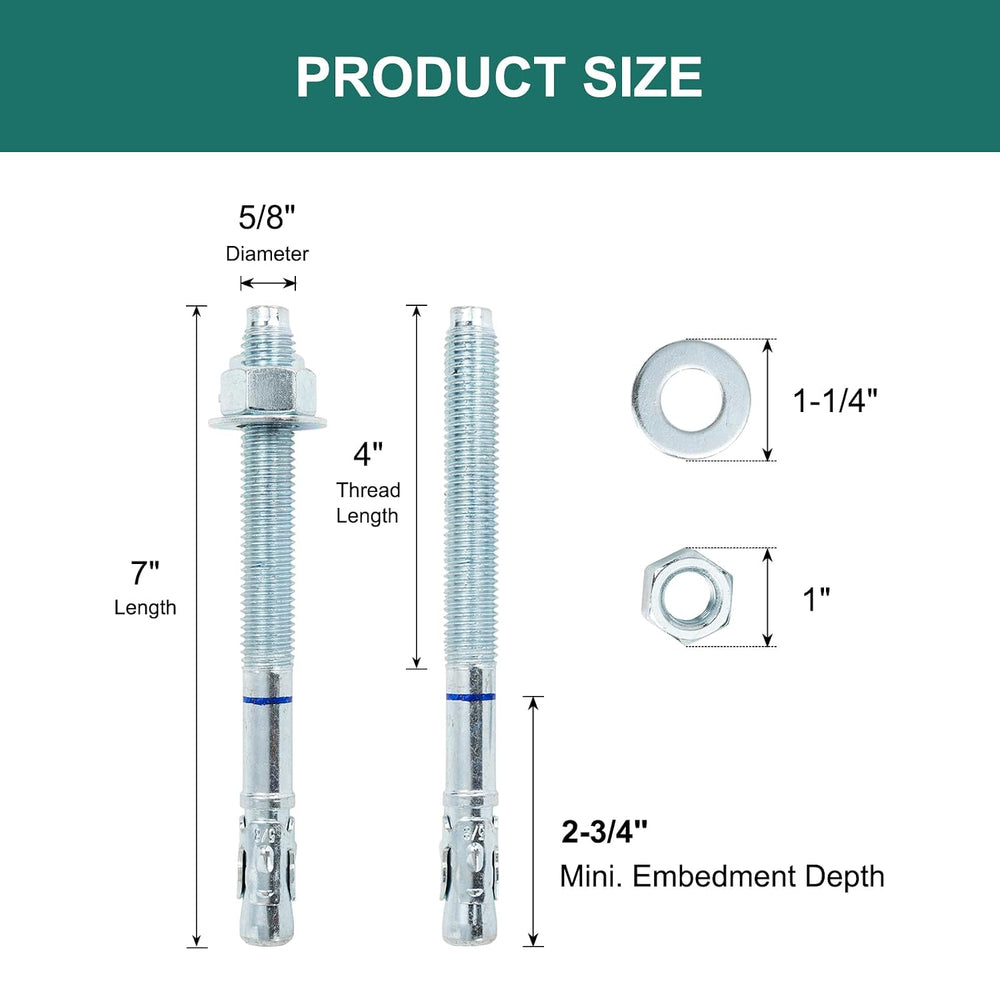 5/8" x 7" Concrete Anchors (25 Pack) 5/8 inch Wedge Anchors Bolts Z...