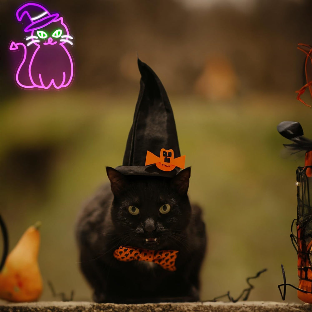 Pink Cat with Witch Hat Neon Sign Halloween LED Light for Room Party Decor