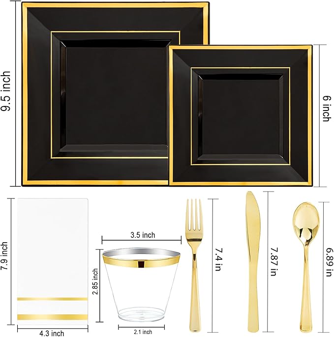 Festiva 350Pcs Black and Gold Plastic Plates-50Guests Disposable Square Black...
