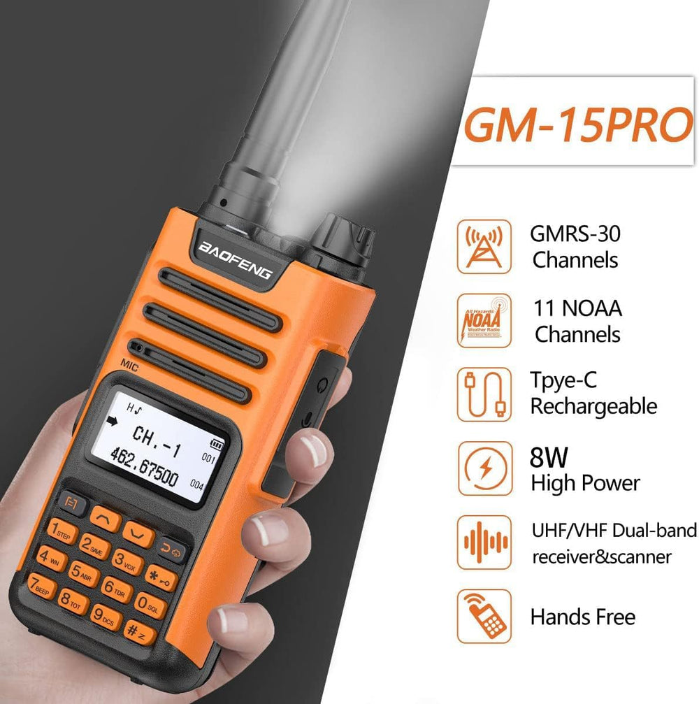 BAOFENG GMRS Handheld Radio GM-15 Pro 8W Rechargeable Long Range Walkie Talki...