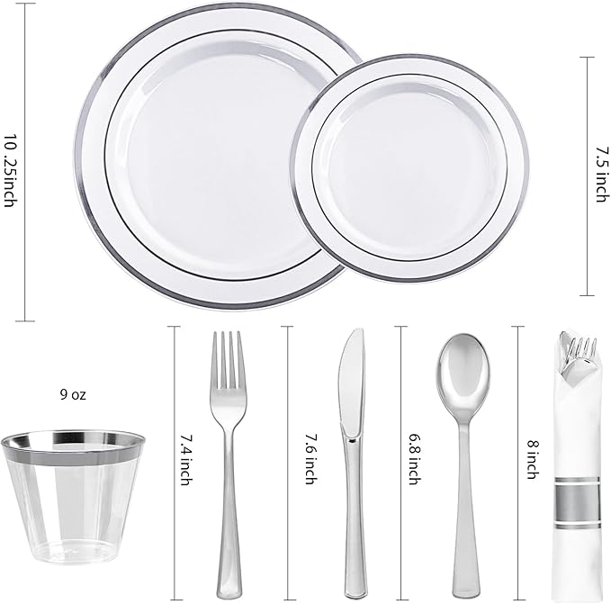 BESTVIP 700PCS Silver Plastic Dinnerware Set for 100 Guests, Disposable Plate...