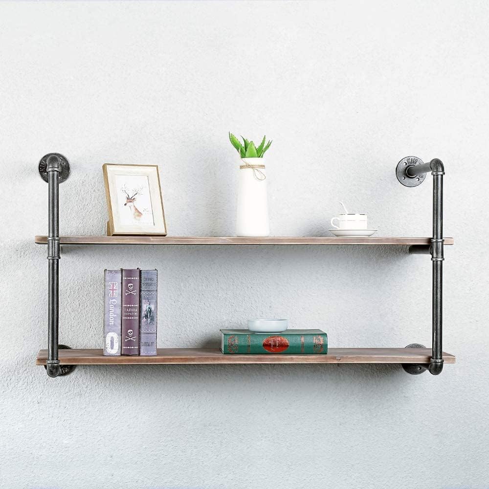 DIY Industrial Black Pipe Bookshelf Wall Ceiling Mounted Open Bookshelf Parts...