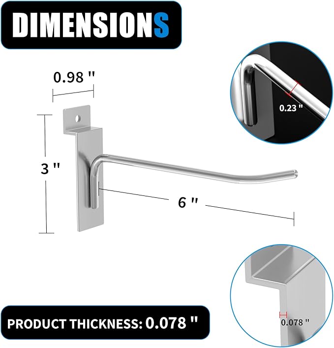 25 PK Silver 6 inch Wall Mounted Slatwall Hooks – Heavy-Duty Storage &